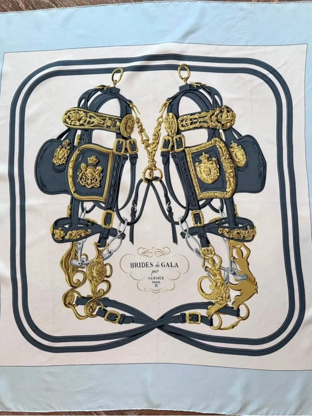 Hermes Silk Scarf Carré 90 Blue White Hand Rolled Made in France